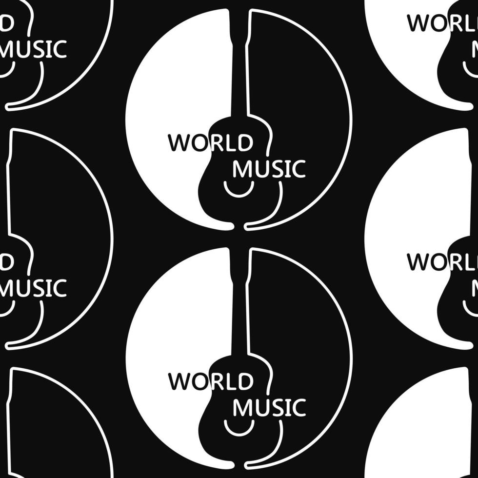 Black and white pattern with guitar and world map, text World music. Linear black pattern with a guitar on a white background. Seamless pattern for textile, wallpaper or wrapper. vector