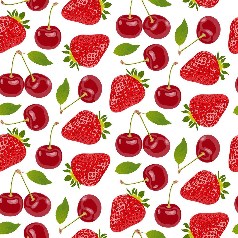 Seamless pattern with bright appetizing red ripe berries on a white background. Juicy, delicious strawberries and cherries. Vector illustration. For textiles, wallpaper or wrapping.