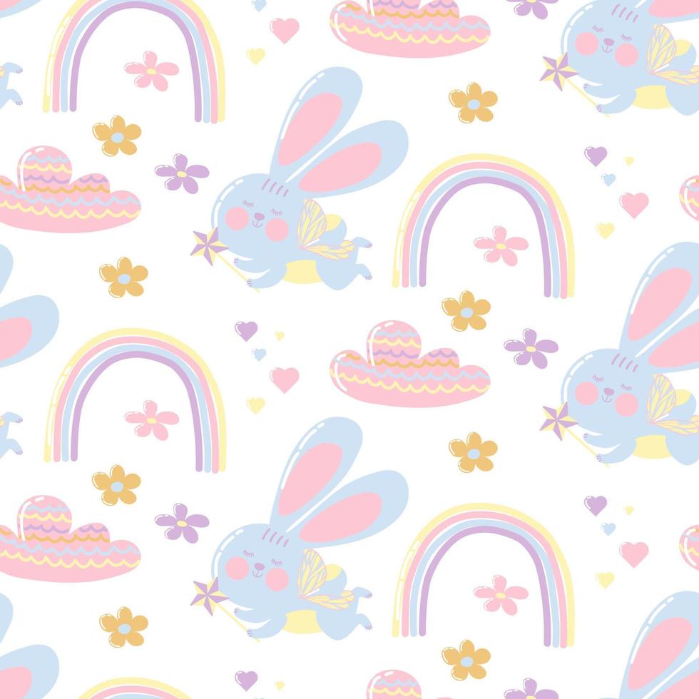 Seamless bright pattern with cute cartoon rabbit, rainbow, flowers and clouds on a white background. Vector template for printing on fabric, wrapping paper, wallpaper. Kids texture.