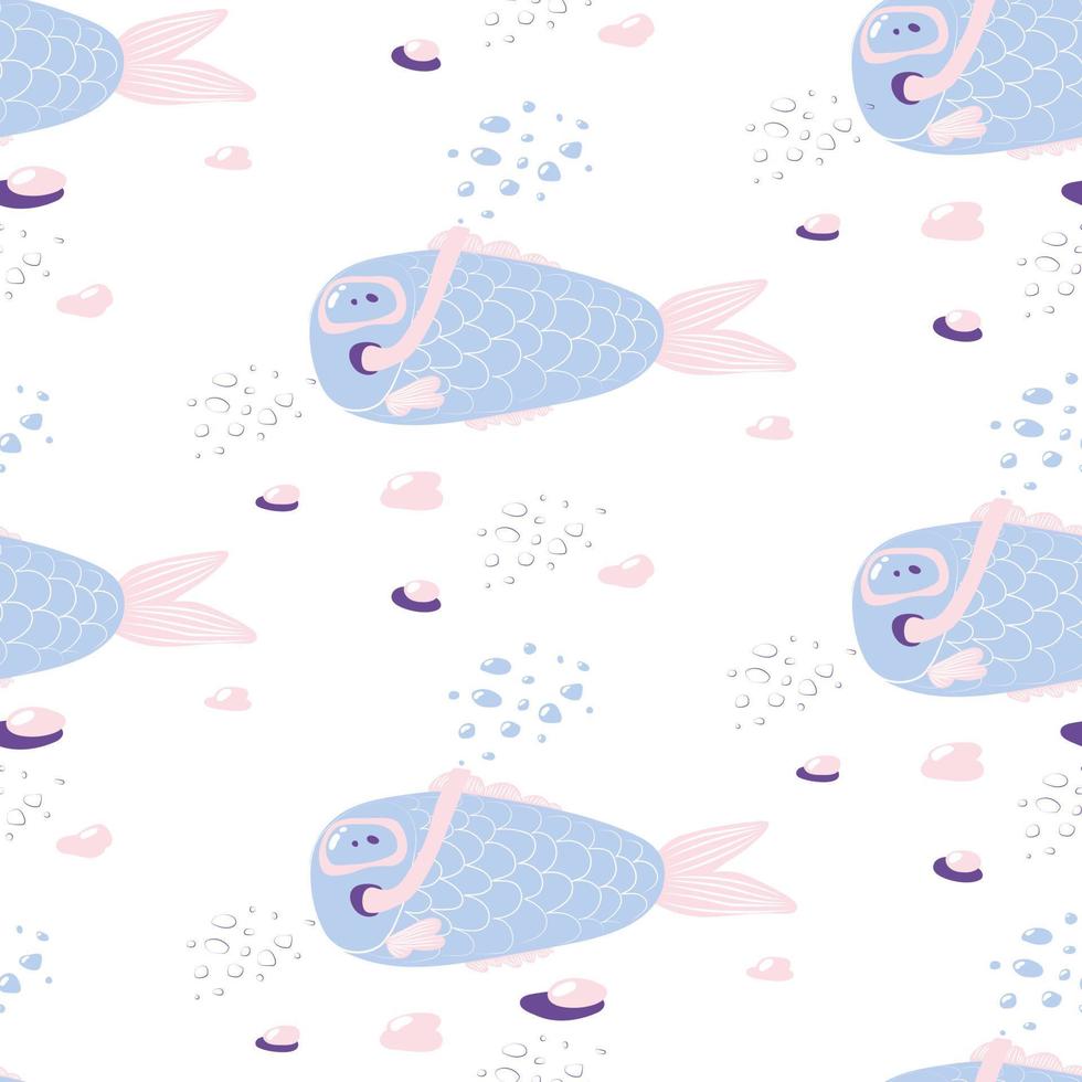 Funny cartoon fish in underwater mask on white background. Seamless vector pattern with cartoon blue fish with pink fins. For childrens design. Fabric pattern. Fish underwater.