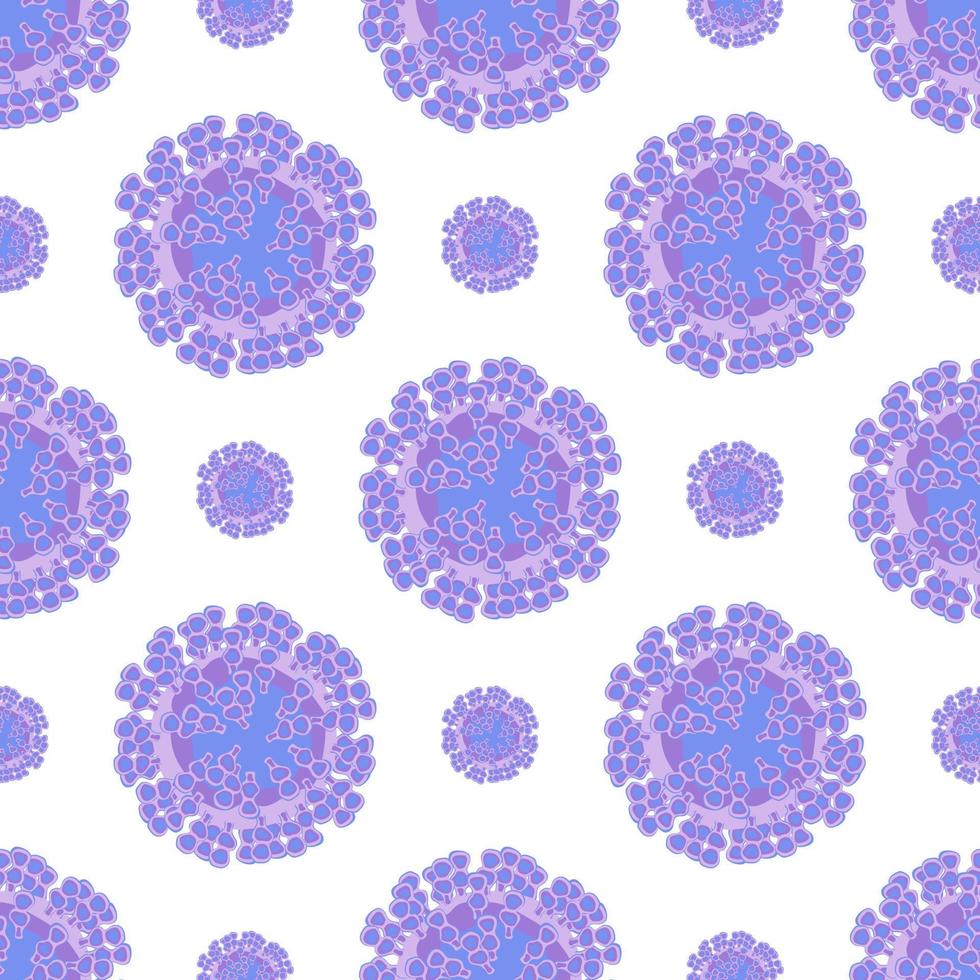 Células de virus púrpura sobre un patrón sin fisuras de fondo blanco. antecedentes del virus de la viruela del mono. ilustración vectorial vector