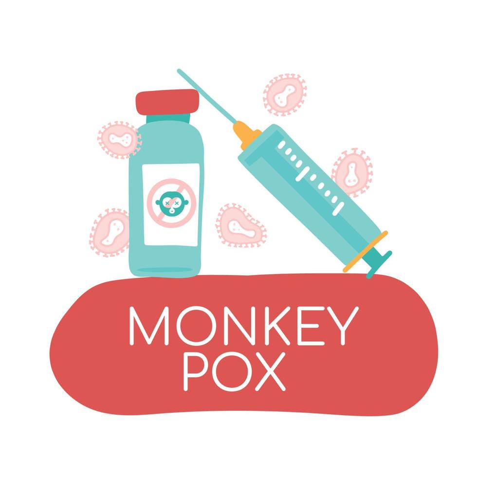 Vaccination against monkeypox virus with a syringe and a vial. Monkey Pox virus disease infection. Vector flat illustration isolated.