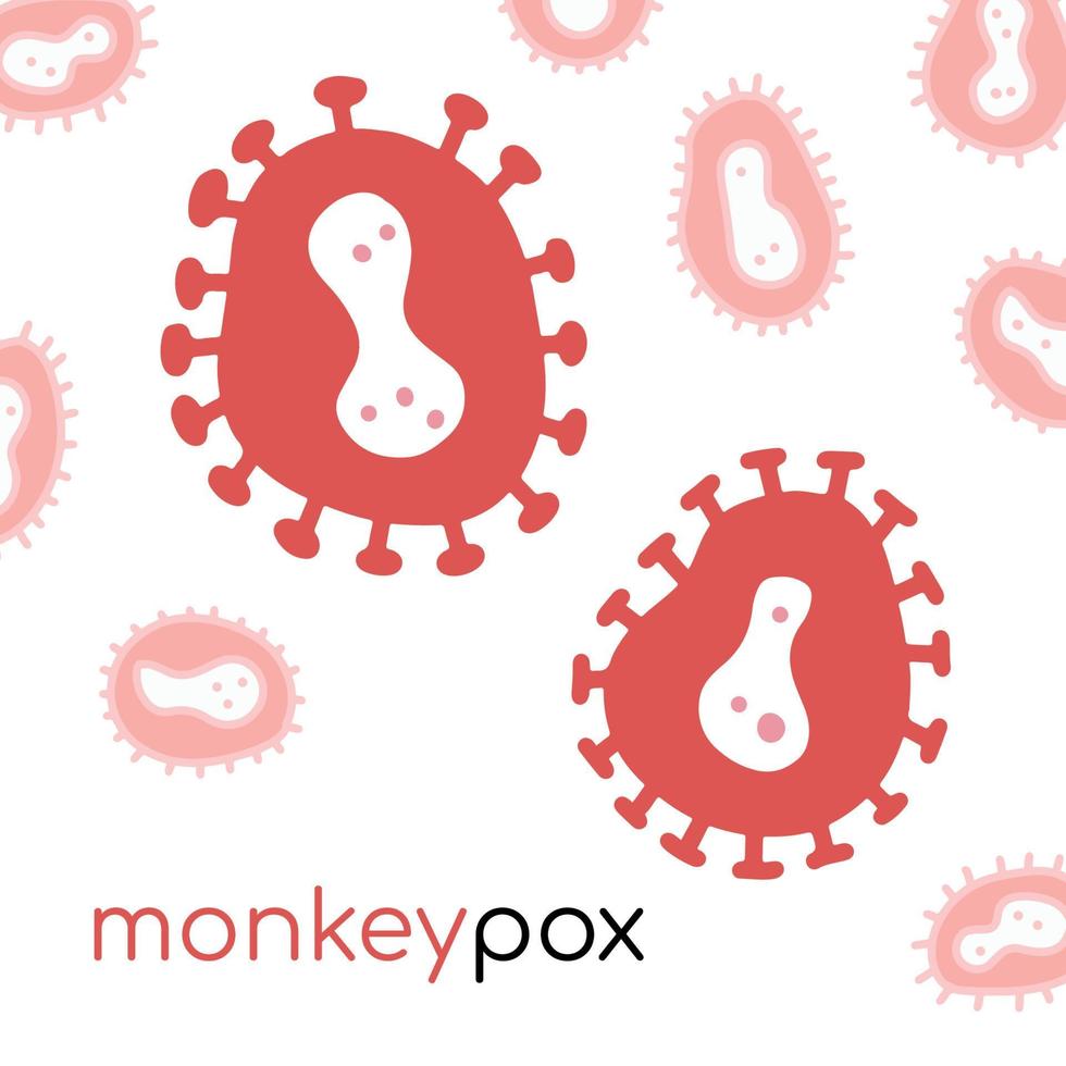 Banner with the inscription Monkeypox Virus and icon of the red virus cells. Vector flat hand drawn illustration.