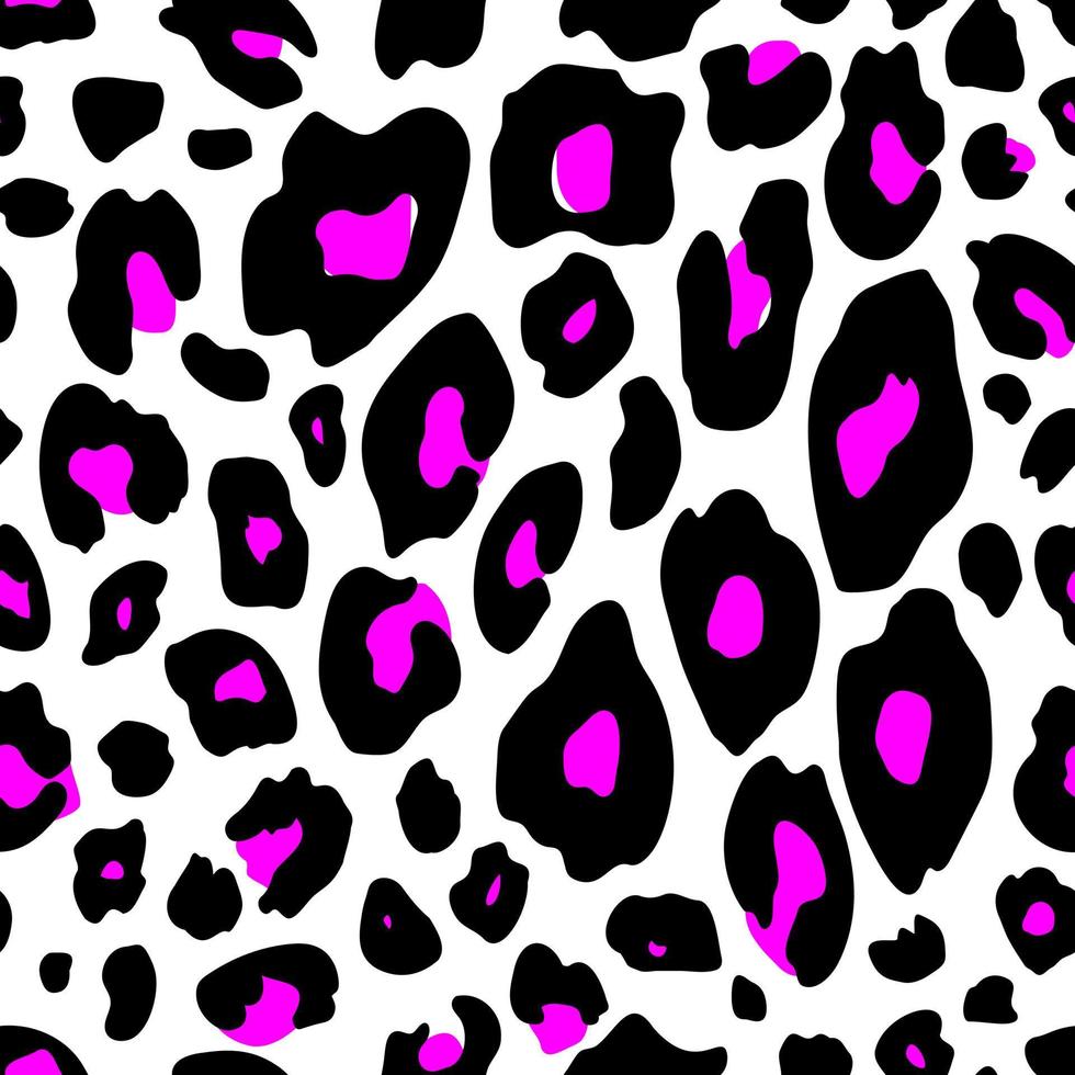 Leopard print seamless pattern. Black and pink neon colors. Vintage animal print from the 80s-90s. Vector illustration.