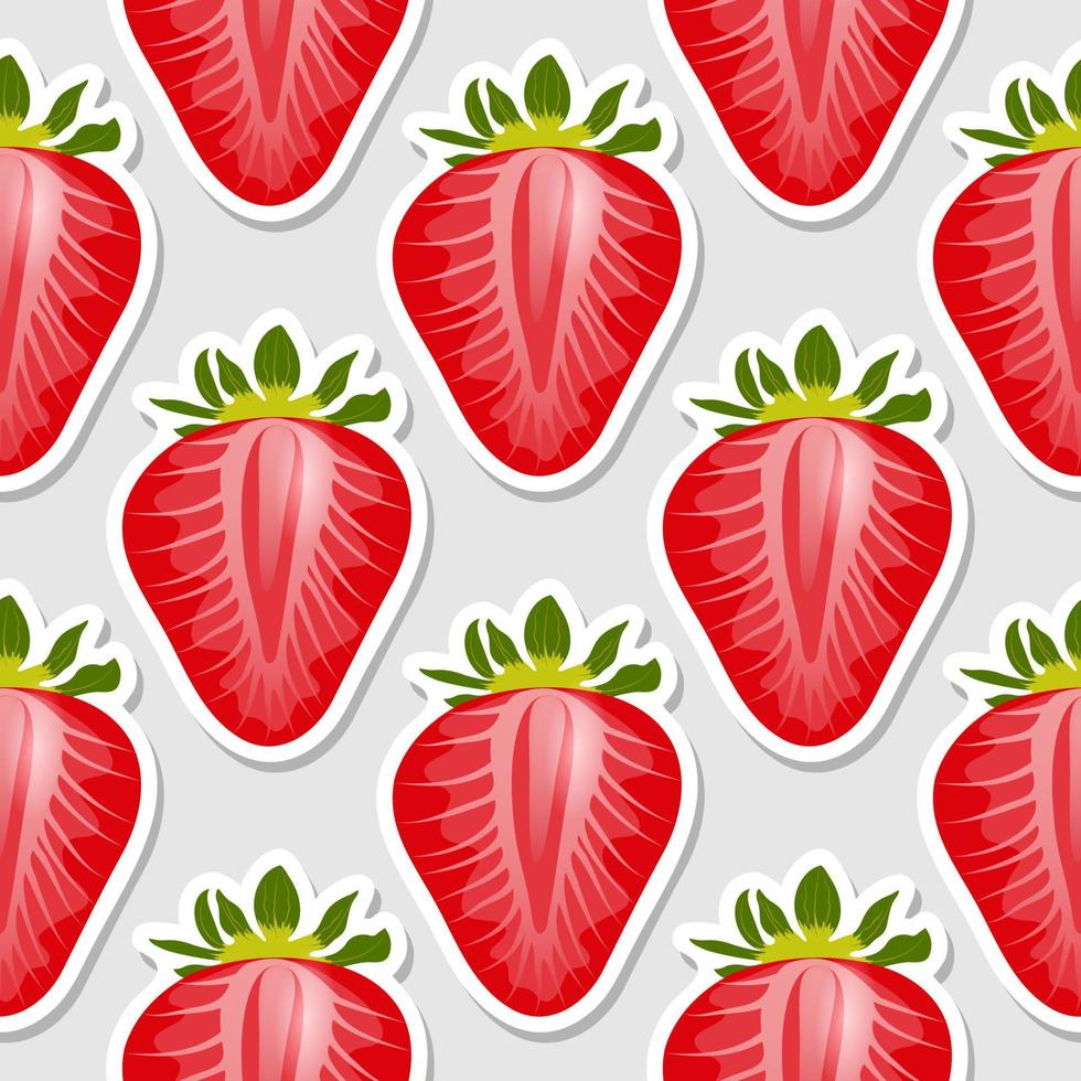Juicy realistic strawberry slices on a gray background. Seamless pattern with strawberries, sweet food. Vector illustration.