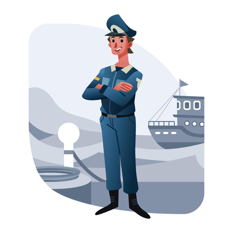 A Coast Guard Is Guarding A Ship In A Port vector