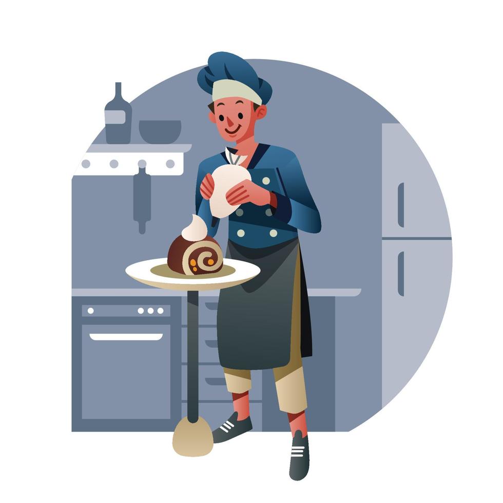 A Patissier Is Decorating Bread In The Kitchen vector