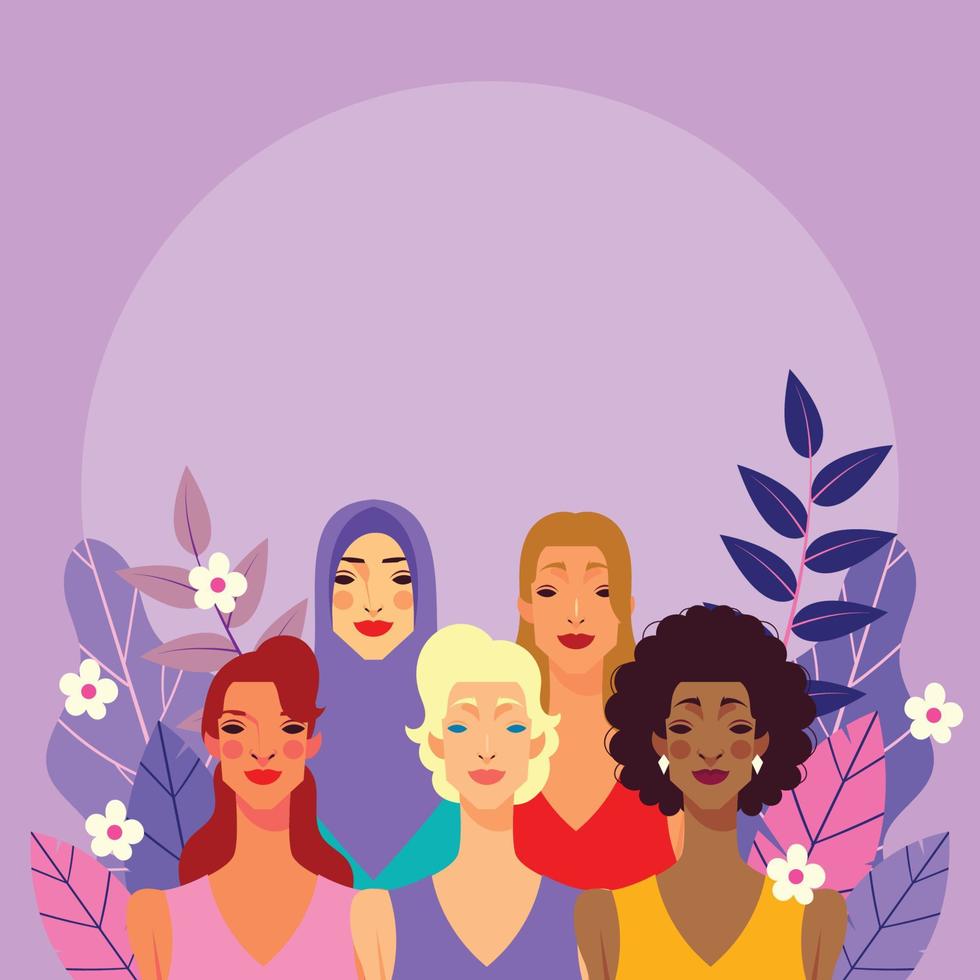 Two Women in Diversity Skin Tone With Floral Frames vector