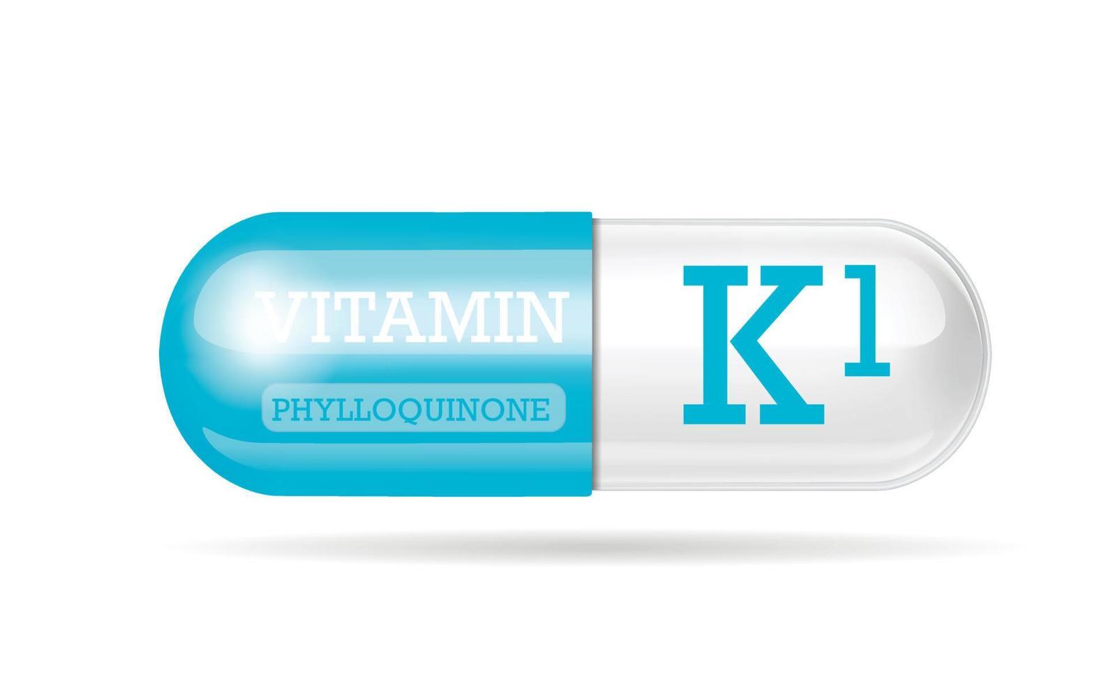 Capsule of vitamin K1 blue-white structure. 3D Vitamin complex with chemical formula. Personal care, beauty concept. copy space. Vector illustration