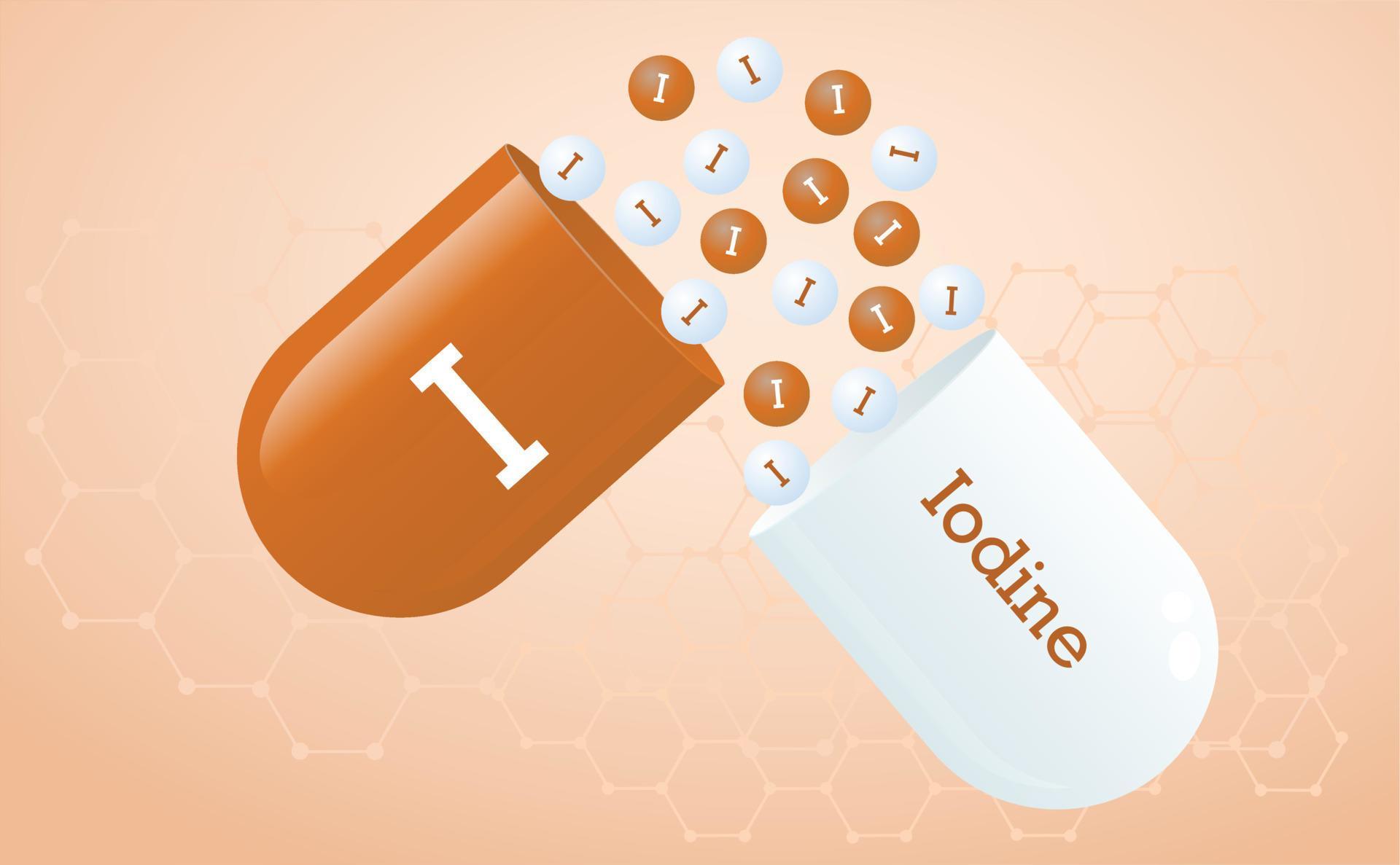 Iodine is a trace element. Capsule with element icon I. Healing
