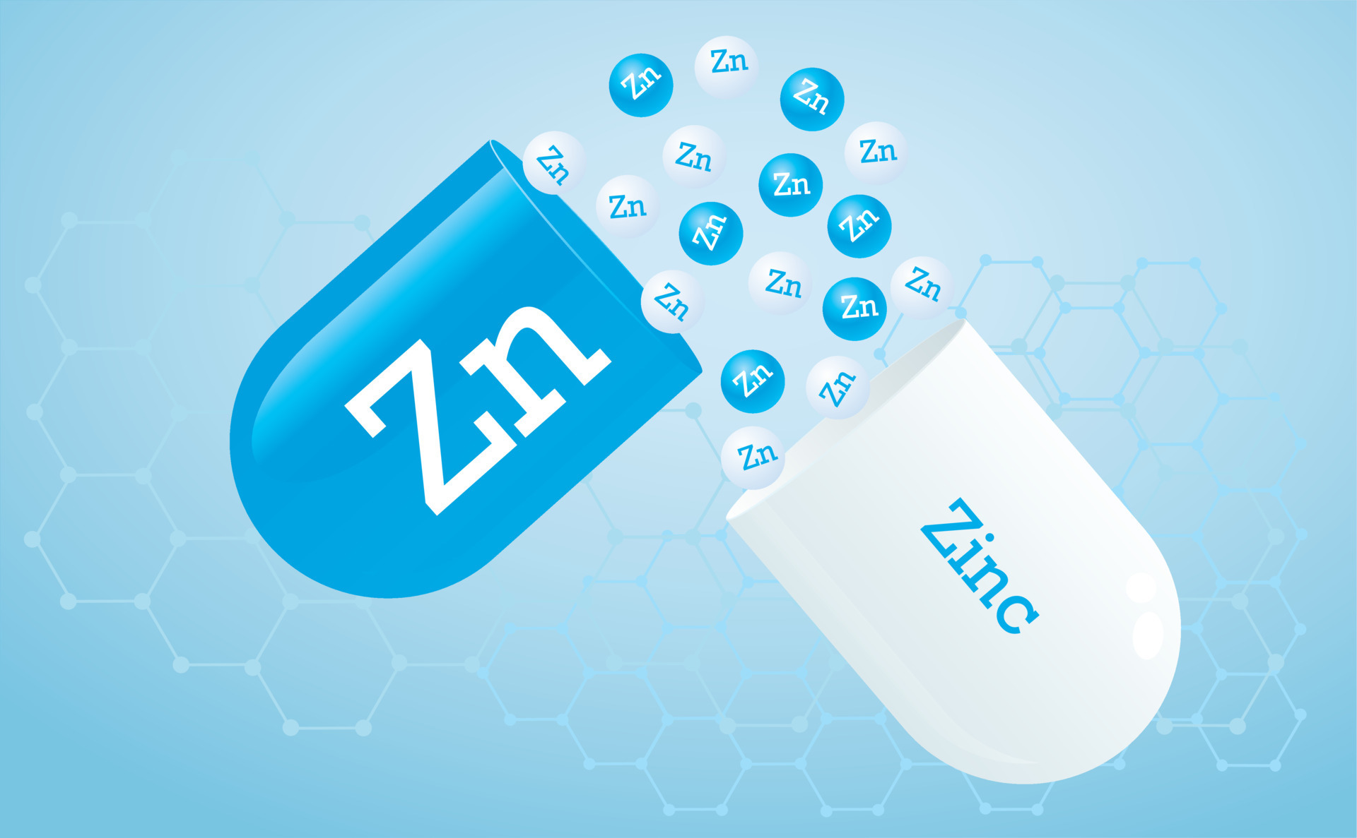 Zinc, trace element. Zn, capsule with element icon. Healing minerals