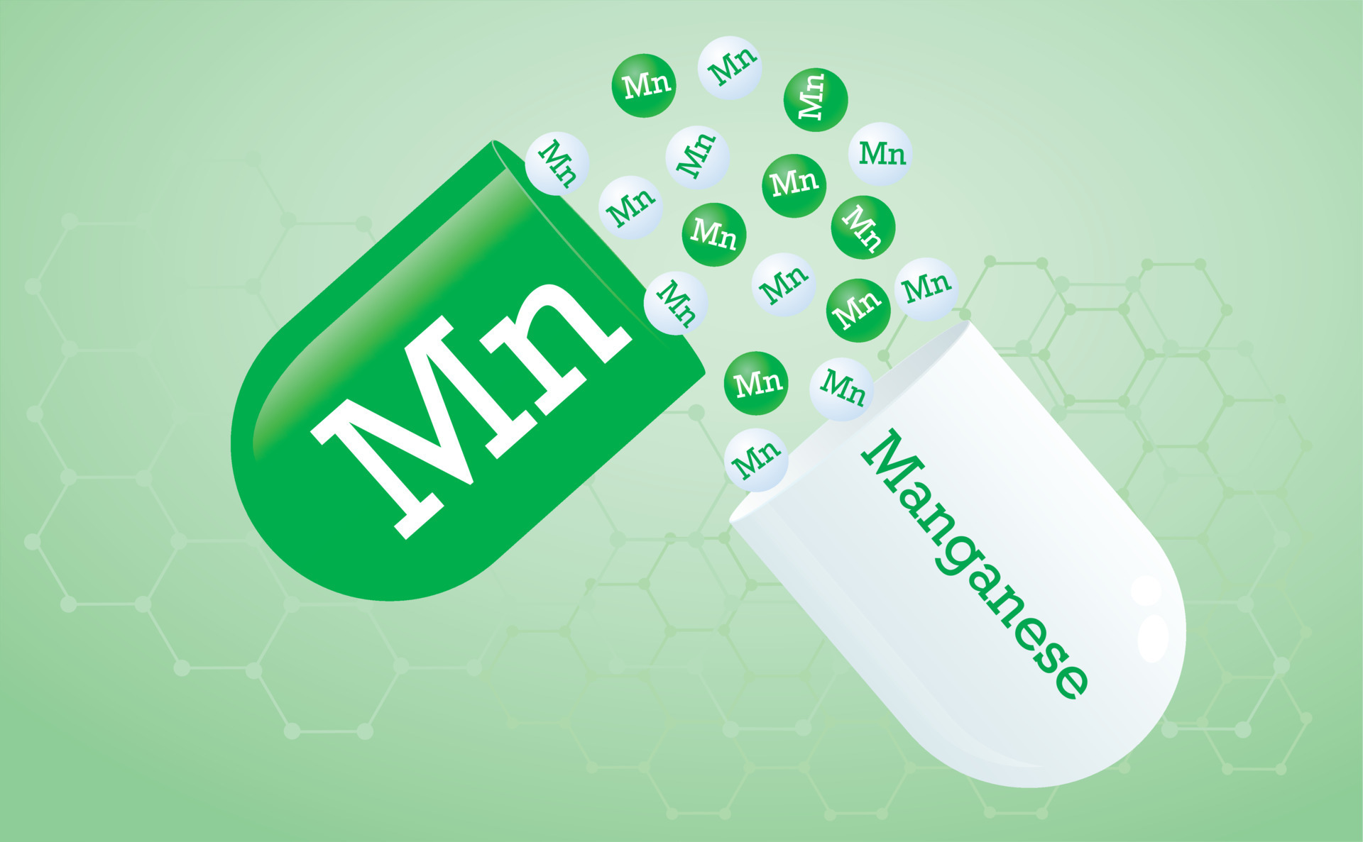 Manganese, trace element. Capsule with Mn element icon. Healing