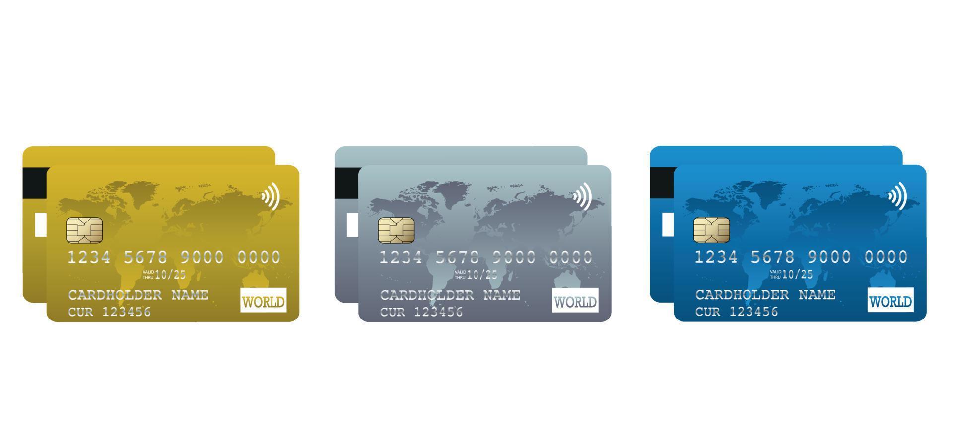 Set of realistic multicolored plastic credit bank cards isolated on white background. Vector illustration