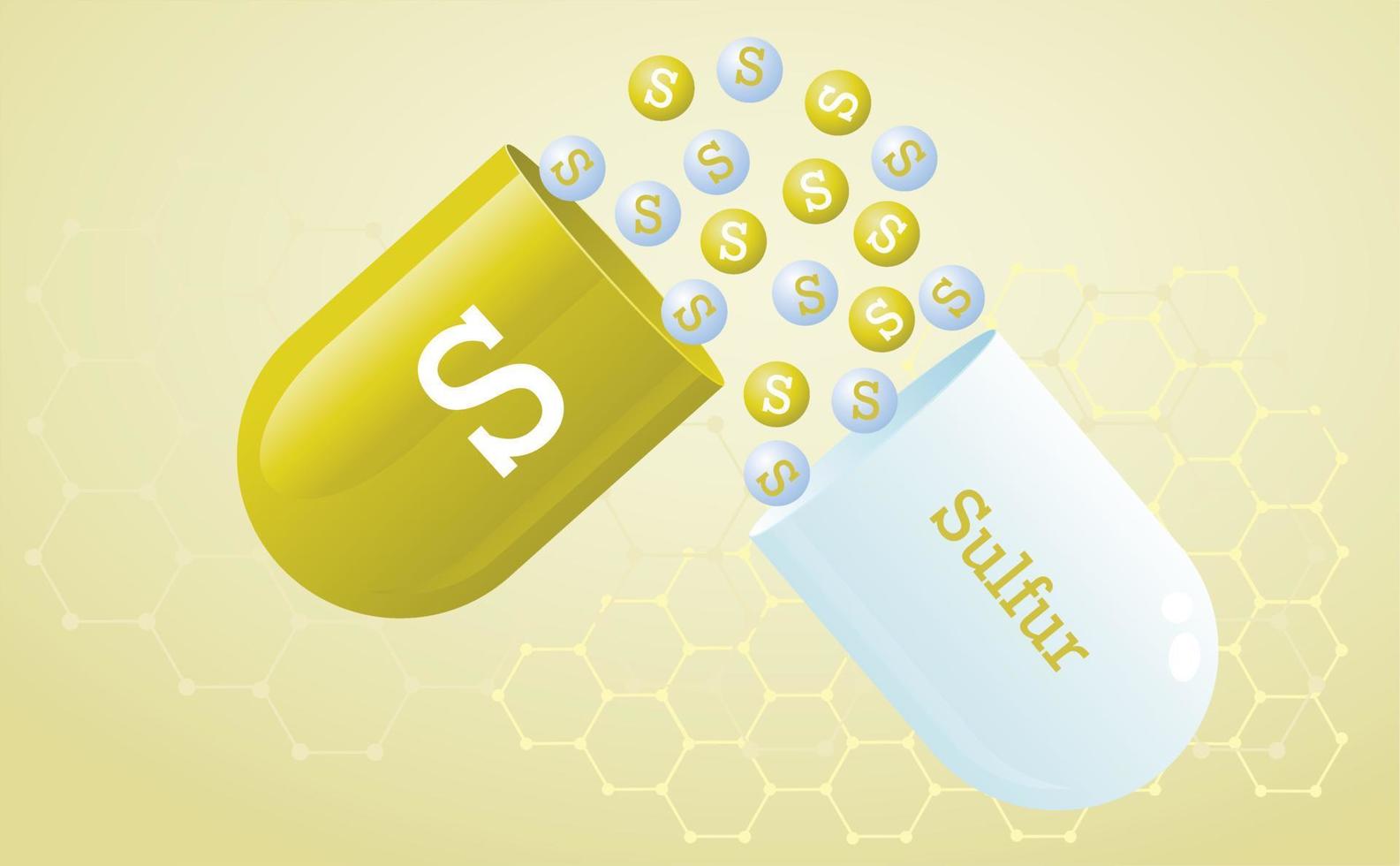 Sulfur capsule with S, element icon, healthy food symbol. Medical minerals and macronutrients on a yellow-orange gradient background. poster. Vector illustration