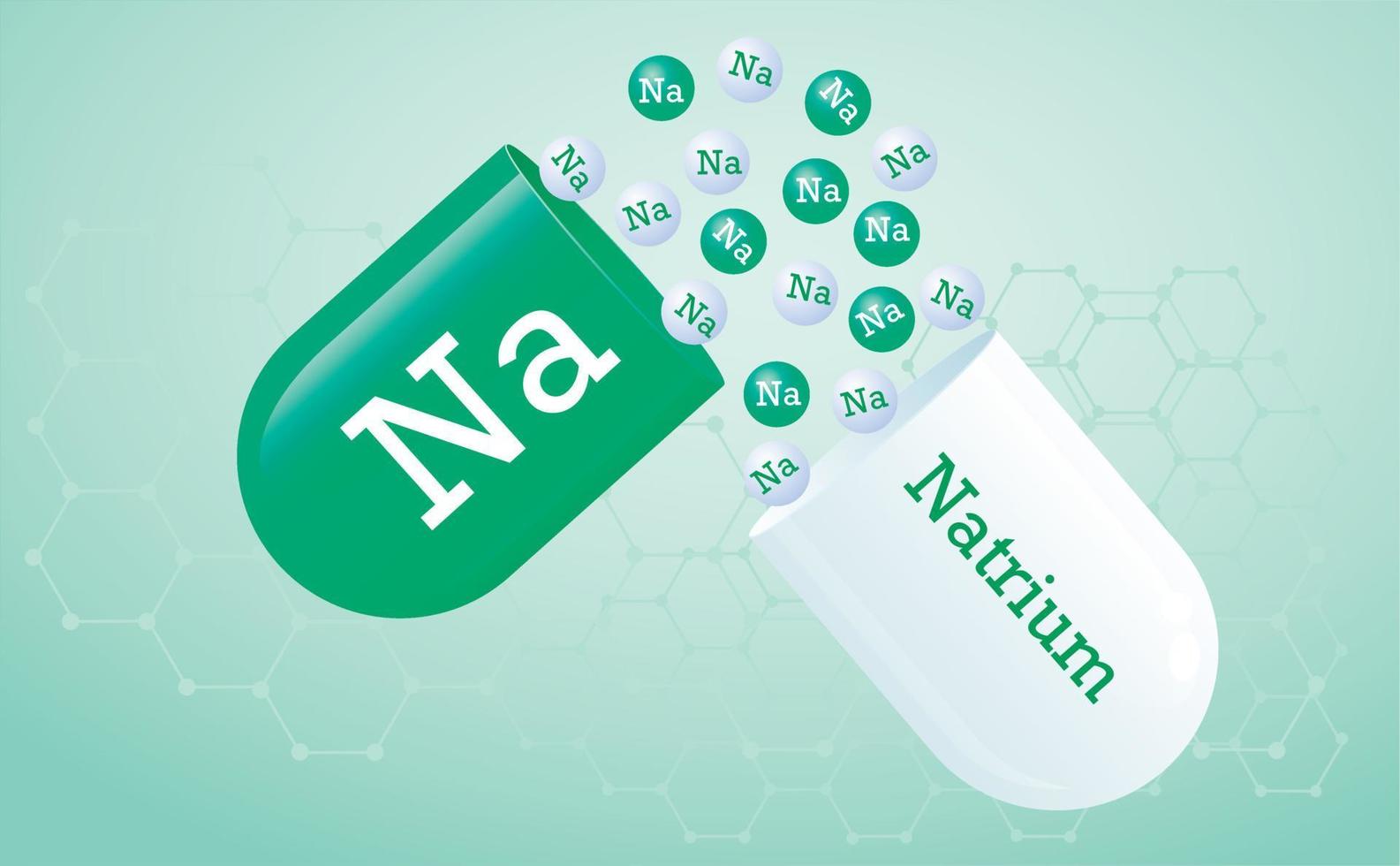 Natrium capsule with Na, element icon, healthy food symbol. Medical minerals and macronutrients on a green gradient background. poster. Vector illustration