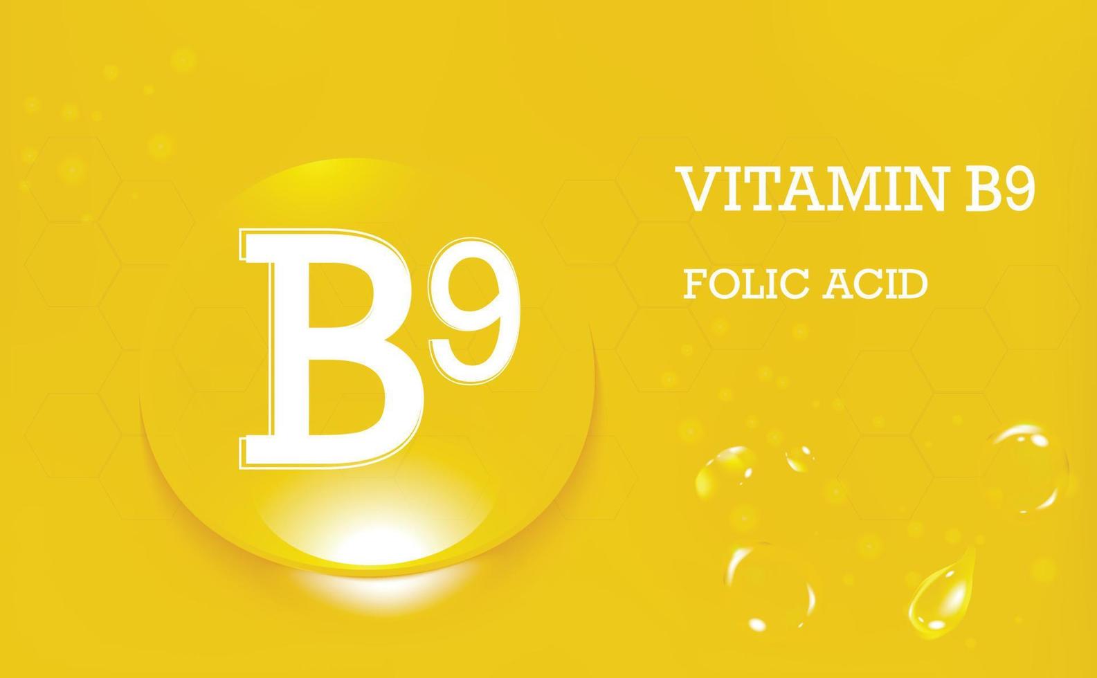Vitamin B9, folic acid. Drops of water on a yellow gradient background. Food supplement and healthy lifestyle. Poster. Vector illustration
