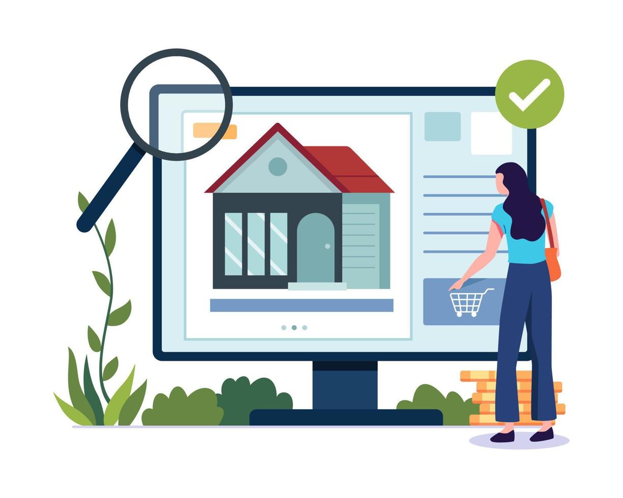 Real estate search illustration concept. People looking home on market, Buy or rent house online. Vector illustration in a flat style