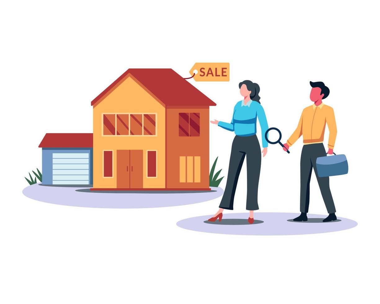 comprar o alquilar ilustración de bienes raíces. personas que compran propiedades, mercado inmobiliario, agente inmobiliario. préstamo hipotecario y concepto de propiedad. ilustración vectorial en un estilo plano vector