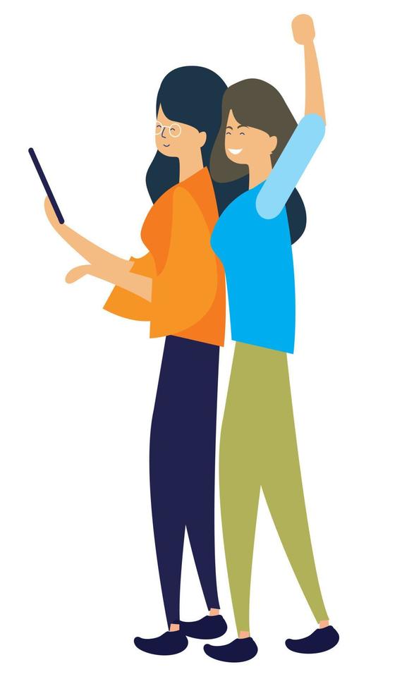 People group selfie. Friendly guy makes group photo with smiling friends on smartphone camera in hands vector cartoon