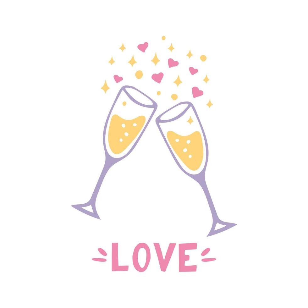 glasses with champagne and love text. hand drawn doodle style. template for card. , minimalism. holiday, party, love, valentines day, wedding anniversary birthday holiday cheers vector