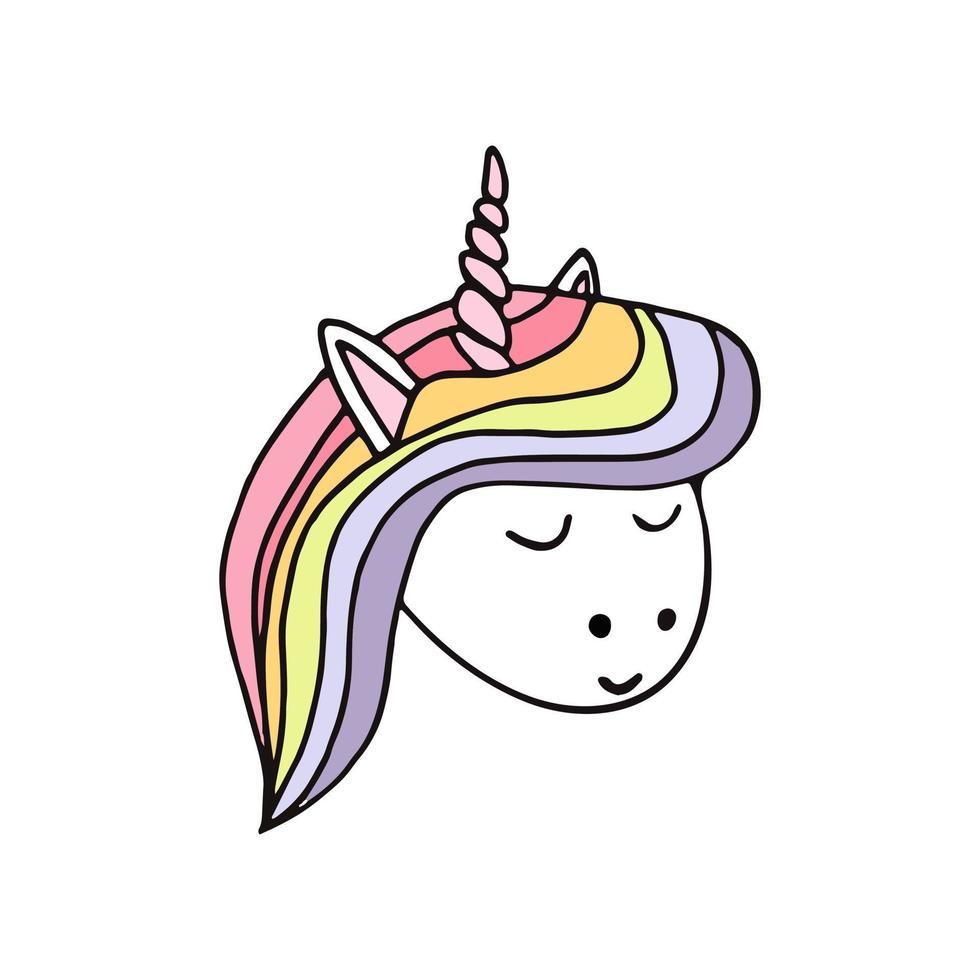 unicorn with rainbow mane hand drawn in doodle style. , line art, nordic, scandinavian. icon, sticker, print, poster, card fairy tale animal vector