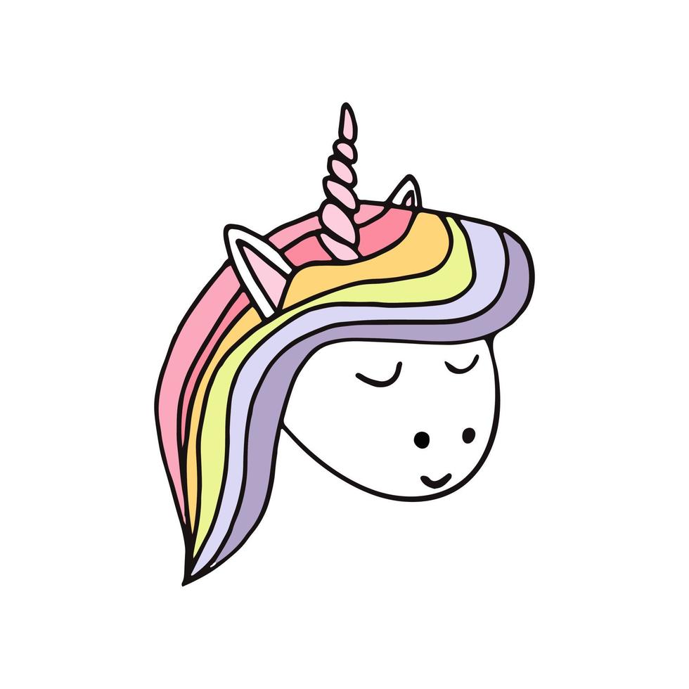 unicornio con melena de arco iris dibujada a mano en estilo garabato. , arte lineal, nórdico, escandinavo. icono, pegatina, impresión, afiche, tarjeta animal de cuento de hadas vector