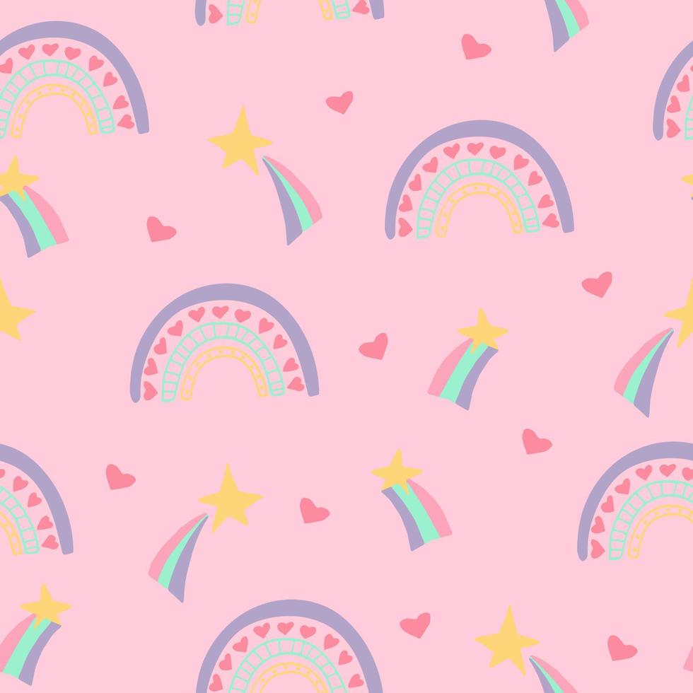 rainbow, star, heart seamless pattern hand drawn. . wallpaper, wrapping paper, textile, background fairy tale nursery pastel cute vector