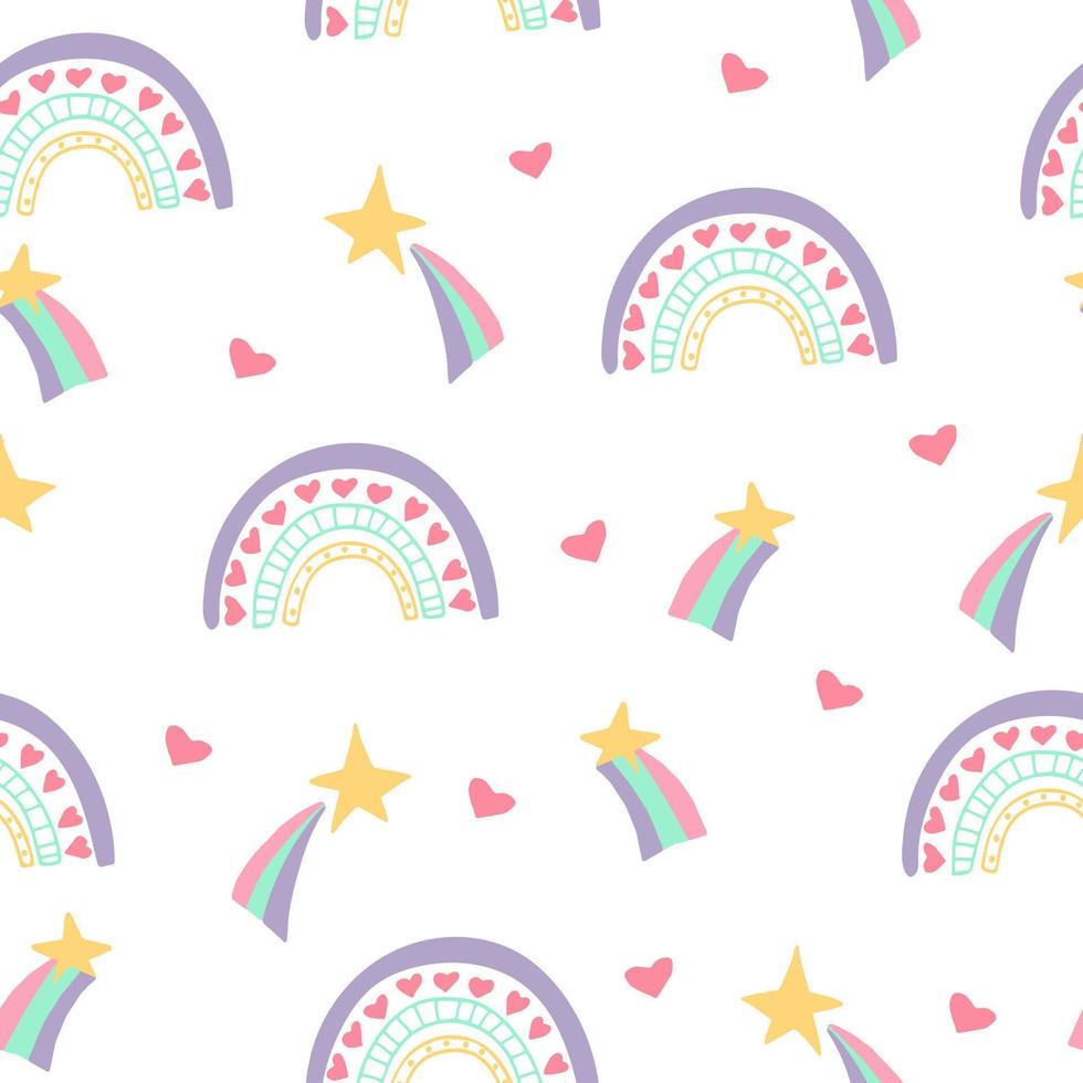 rainbow, star, heart seamless pattern hand drawn. . wallpaper, wrapping paper, textile, background fairy tale nursery pastel cute vector