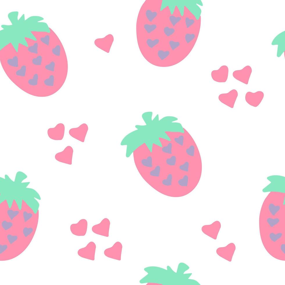 fresas y corazones de patrones sin fisuras dibujados a mano en estilo plano de dibujos animados. . papel pintado, textil, papel de regalo, fondo vector