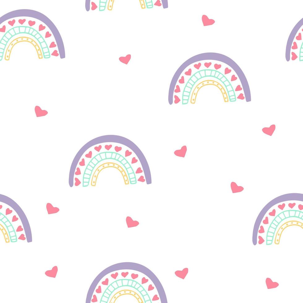 rainbow, heart seamless pattern hand drawn. . wallpaper, wrapping paper, textile, background fairy tale nursery pastel cute vector