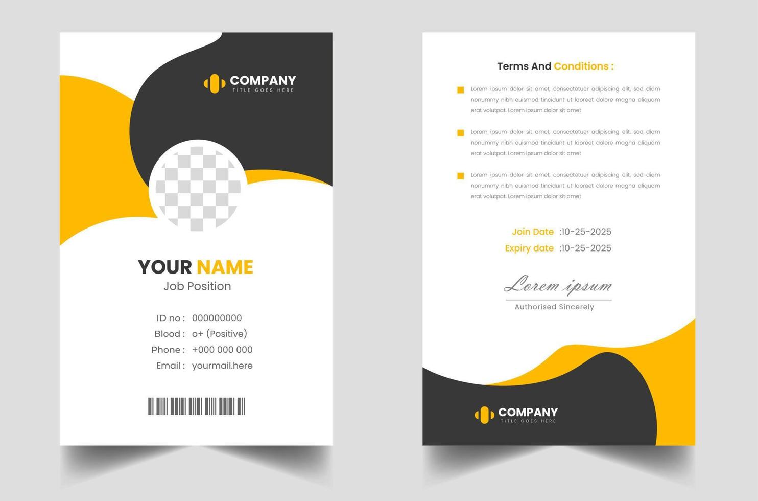 plantilla de tarjeta de identificación comercial moderna y limpia. plantilla de diseño de tarjeta de identificación profesional con color amarillo. plantilla de diseño de tarjeta de identificación empresarial moderna corporativa. plantilla de tarjeta de identificación de empleado de la empresa. vector