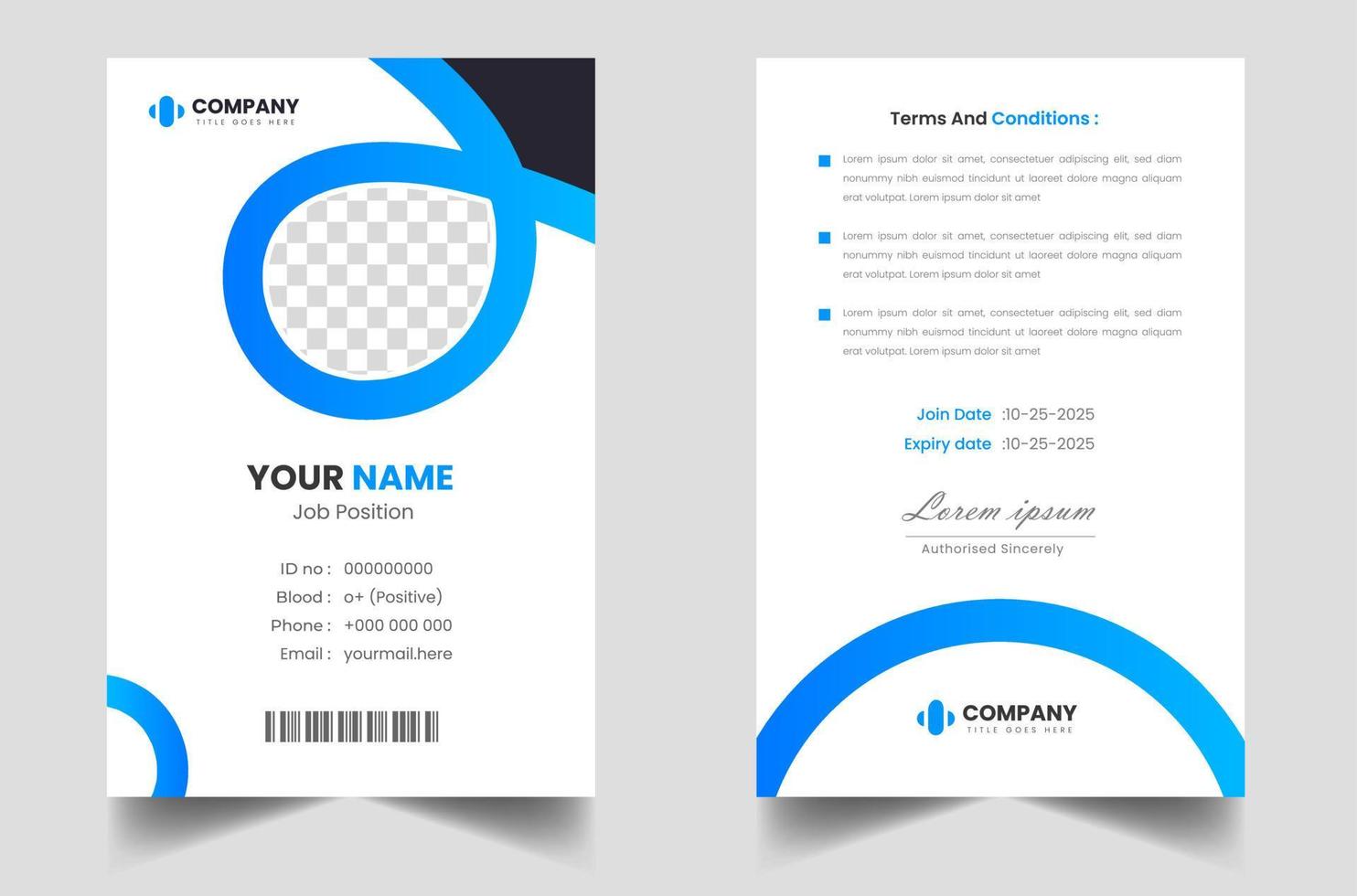 plantilla de tarjeta de identificación comercial moderna y limpia. plantilla de diseño de tarjeta de identificación profesional con color azul. plantilla de diseño de tarjeta de identificación empresarial moderna corporativa. plantilla de tarjeta de identificación de empleado de la empresa. vector