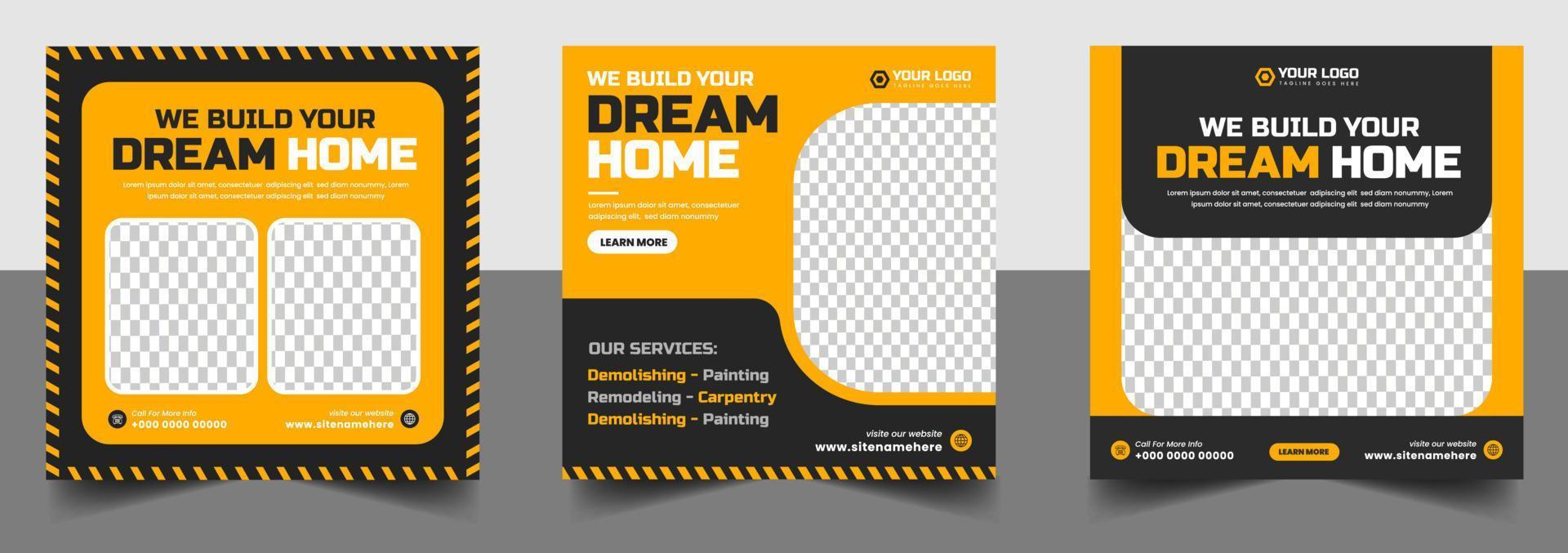 Construction social media post banner design Template with yellow color, Corporate construction tools social media post design, home improvement banner template, home repair social media post banner. vector