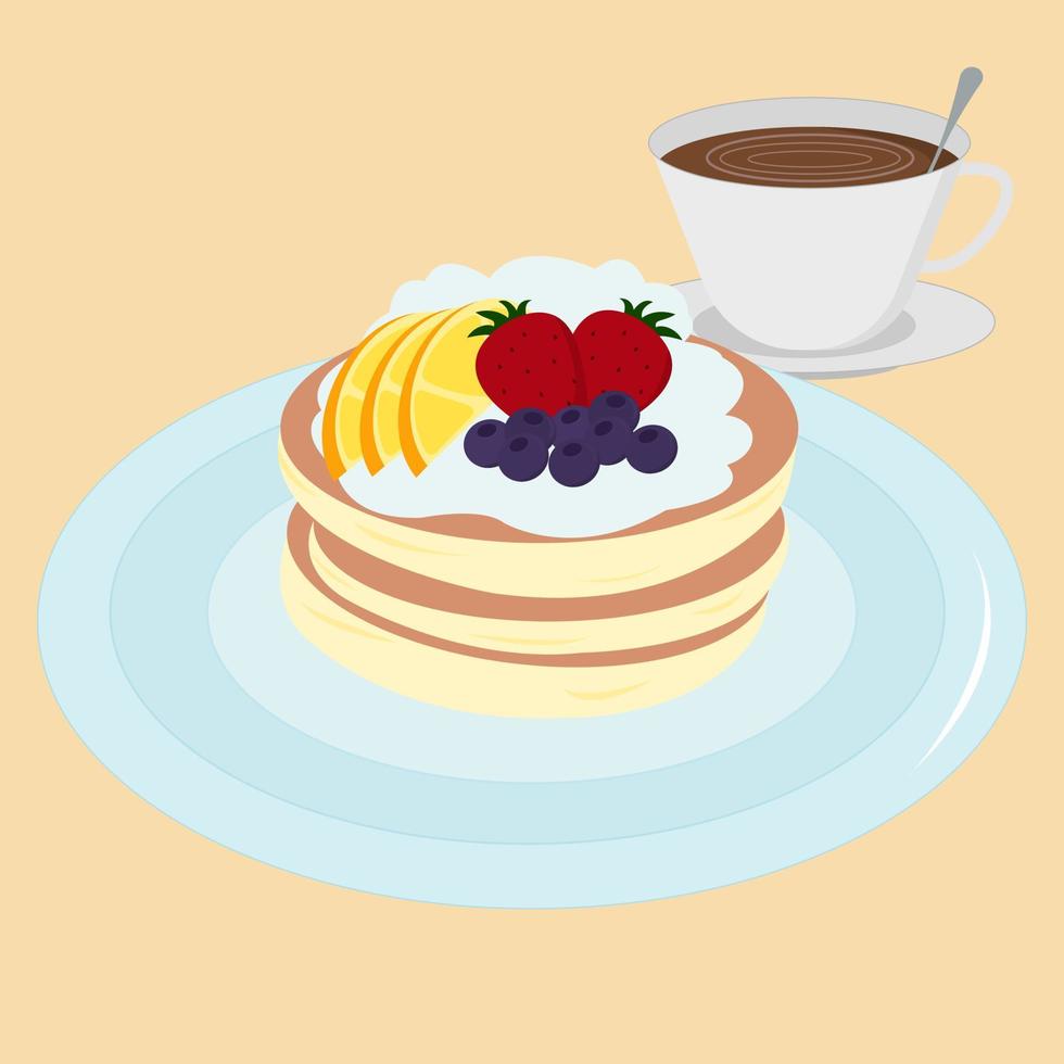 vector ilustrador de panqueque suave y esponjoso con crema limpiadora y fruta servida con una taza de café