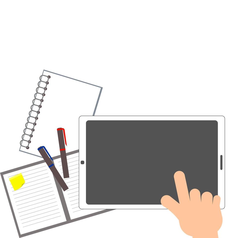 Illustrator vector of working on tablet on the table with notebook and pens, touching on tablet