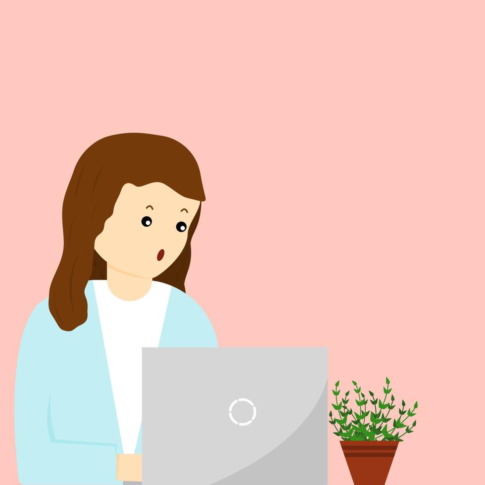 Illustrator vector of woman working on notebook alone, work at home