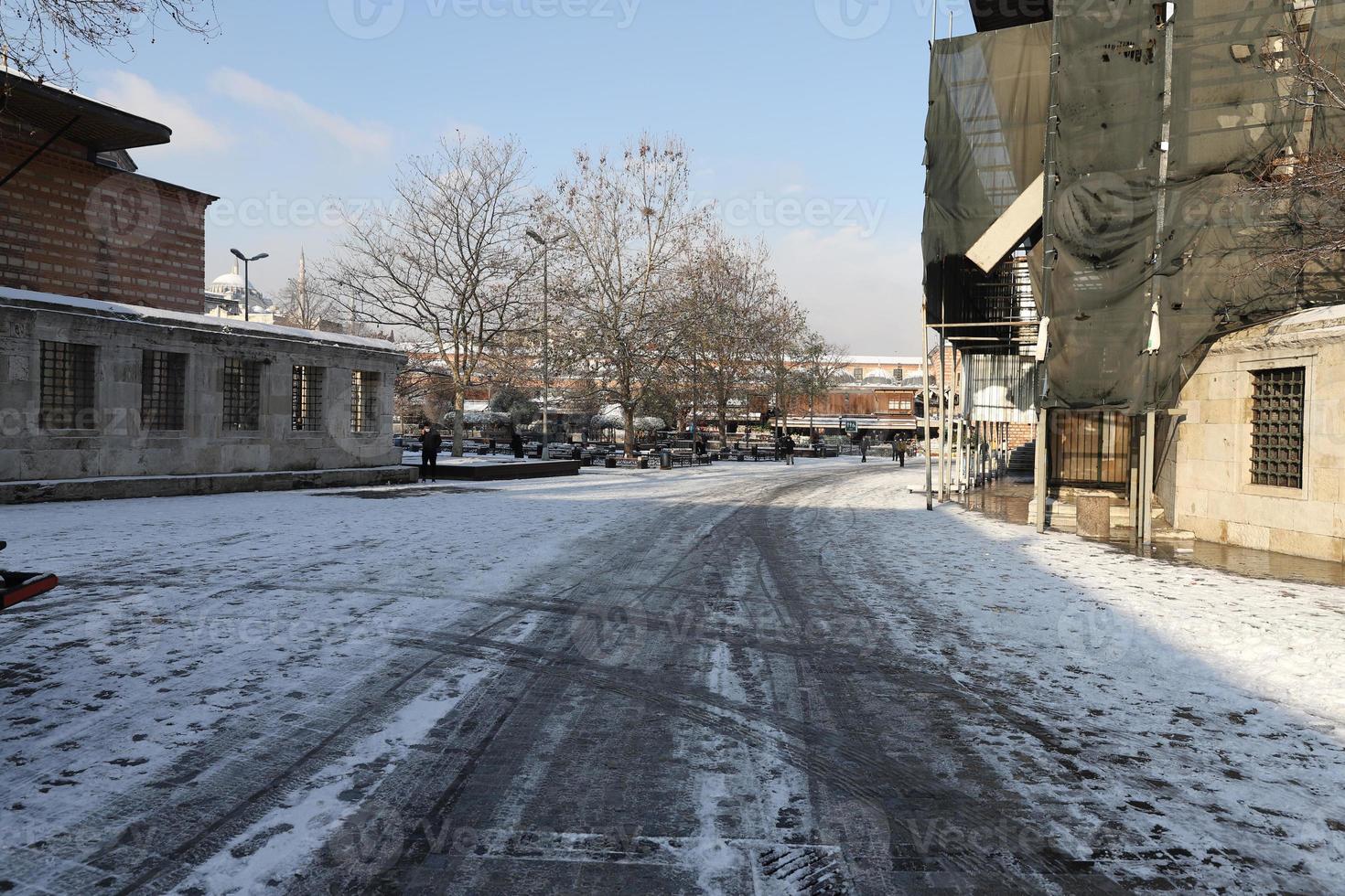 Snowy Eminonu Streets in Istanbul, Turkey photo