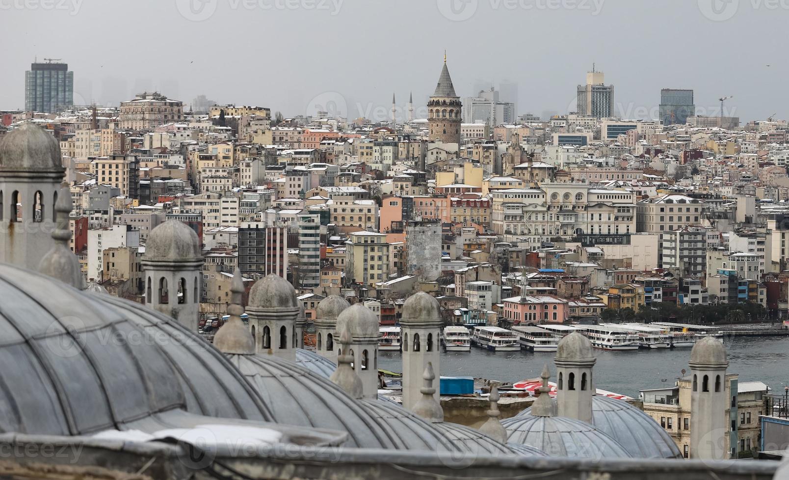 Suleymaniye Bath Roofs and Galata District in Istanbul, Turkey photo