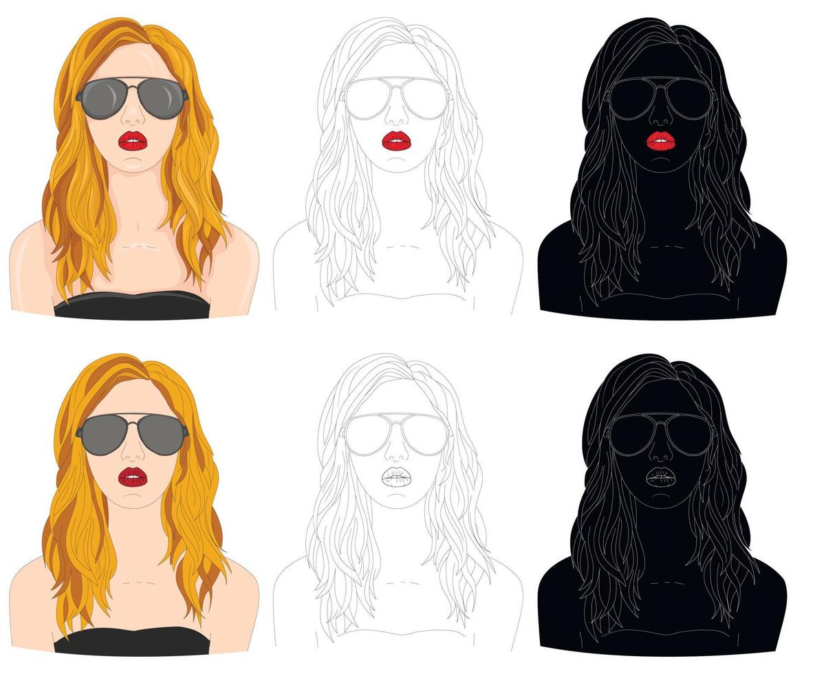 Girl with sunglasses in color, black and white variants for fashion, makeup, travel and rest industry. Vector Illustration.