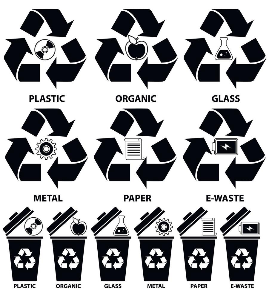 Rubbish bin icons with different types of garbage Organic, Plastic, Metal, Paper, Glass, E-waste for recycling concept in flat style isolated on white background. vector