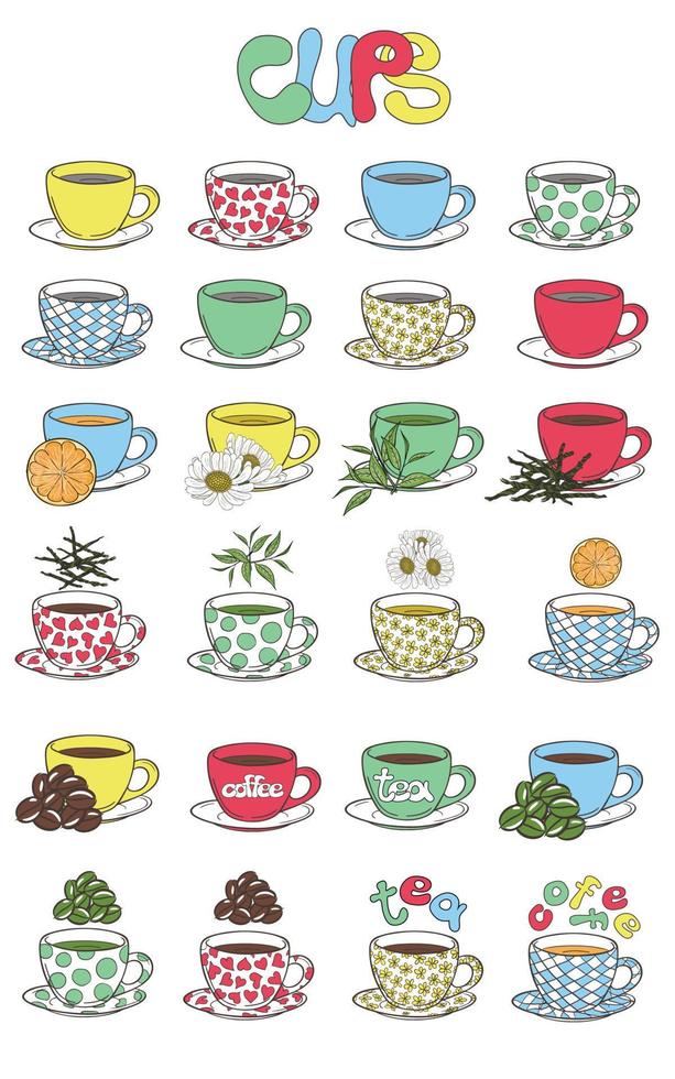 ilustración de tazas para té y café con diferentes ingredientes. uso para barras de té y café de menú. ilustración vectorial dibujada a mano alzada. vector