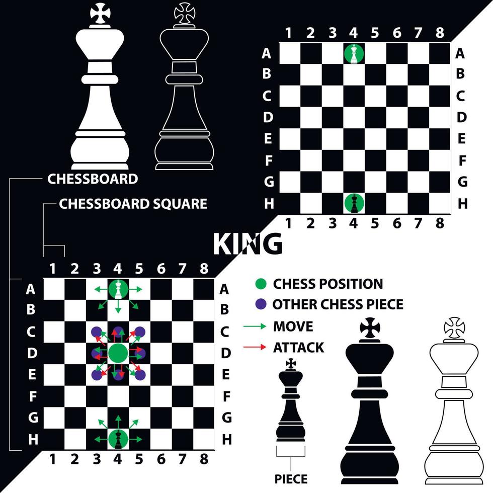 King. Chess piece made in the form of illustrations and icons. Black and white king with a description of the position on the chessboard and moves. Educational material for beginner chess players. vector