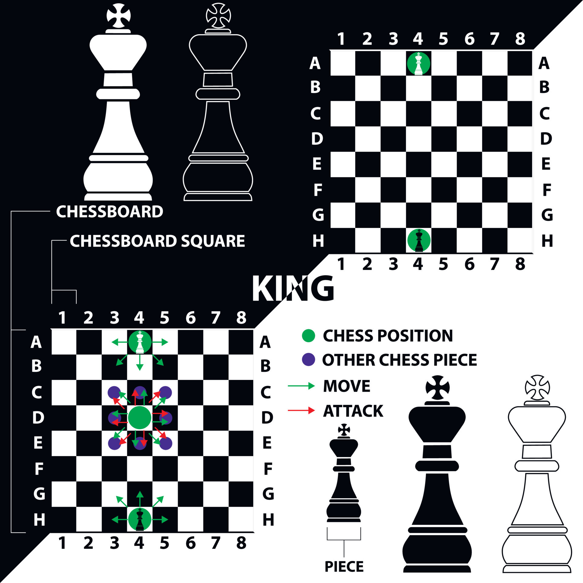 King. Chess piece made in the form of illustrations and icons. Black and  white king with a description of the position on the chessboard and moves.  Educational material for beginner chess players.