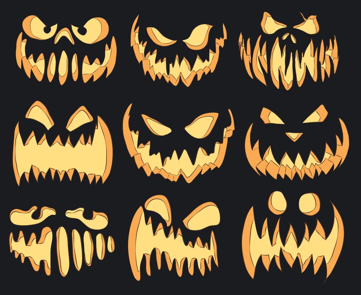 Víspera de Todos los Santos. ilustración vectorial de jack-o'-lantern para tarjetas, pancartas, pegatinas, volantes. conjunto de colores de caras de calabaza sobre un fondo blanco... vector