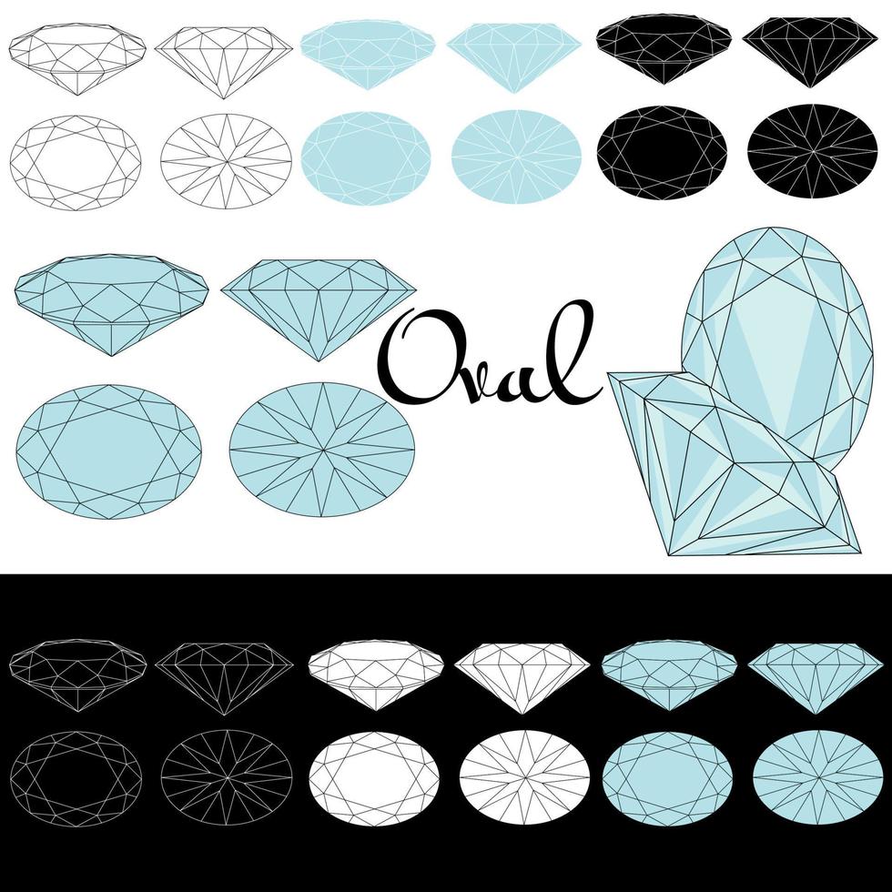 Oval cut. Cutting gems stones. Types of diamond cut. Four sides of jewelry with facets for background, carving and coloring. Black, white and color variants. vector