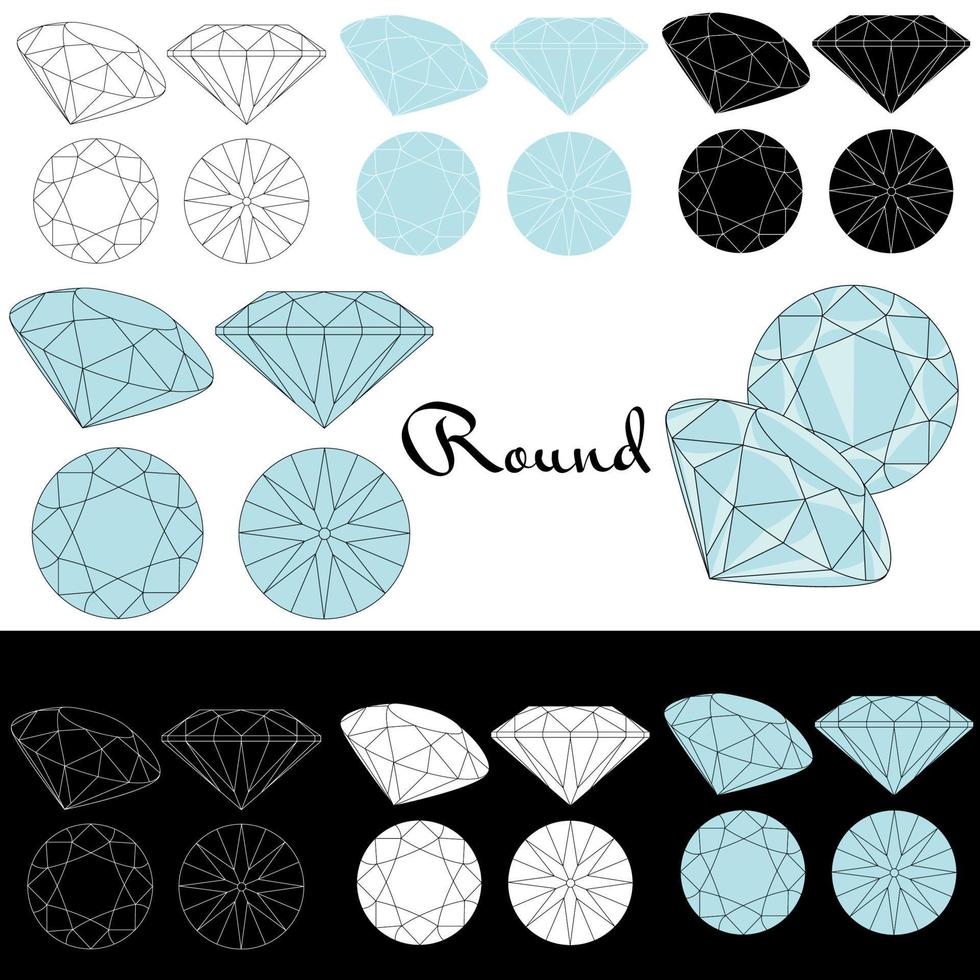 Round cut. Cutting gems stones. Types of diamond cut. Four sides of jewelry with facets for background, carving and coloring. Black, white and color variants. vector