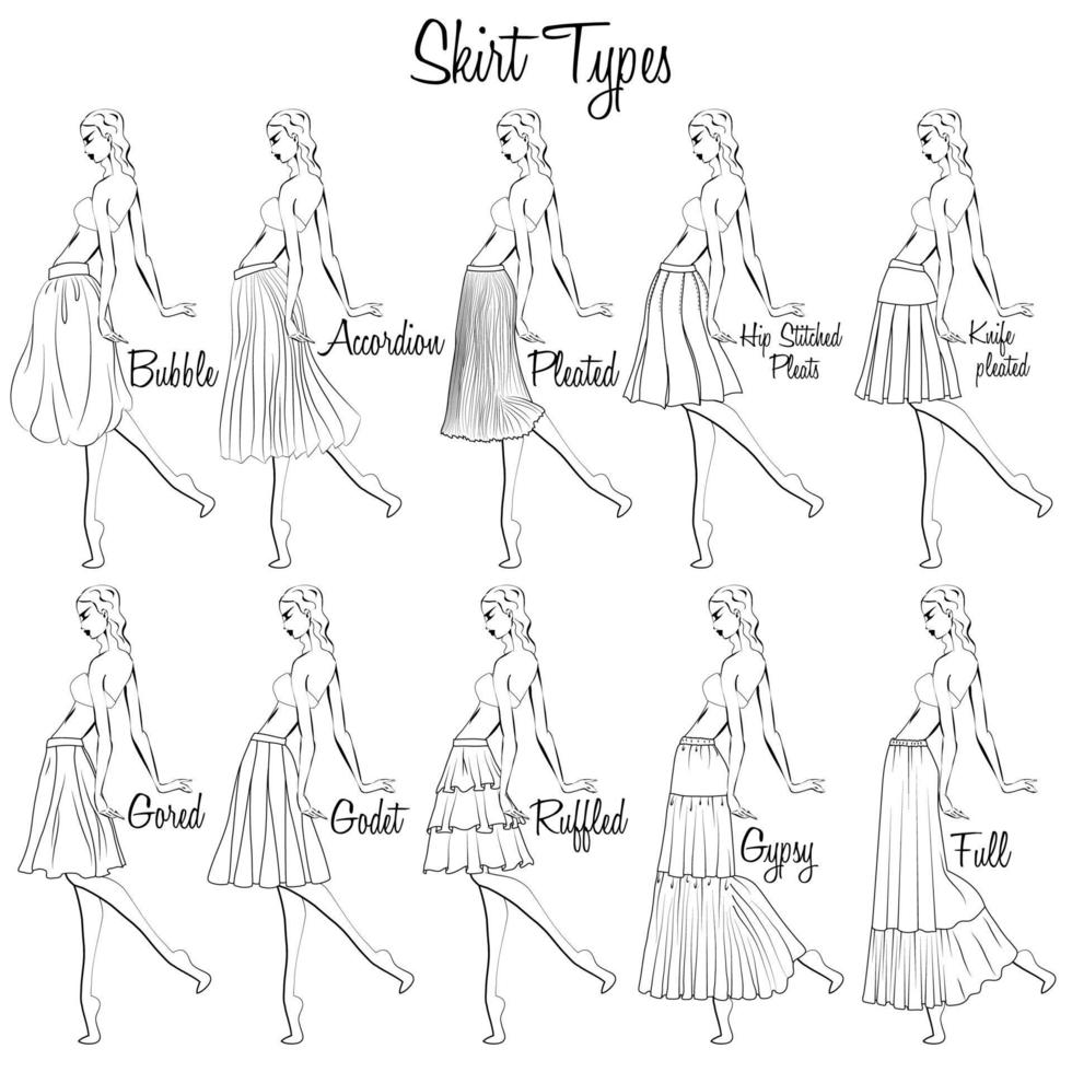 Skirt styles. A visual representation of styles of the skirts on the figure. Illustration of the design and variety of women's skirts. Hand-drawn models. vector