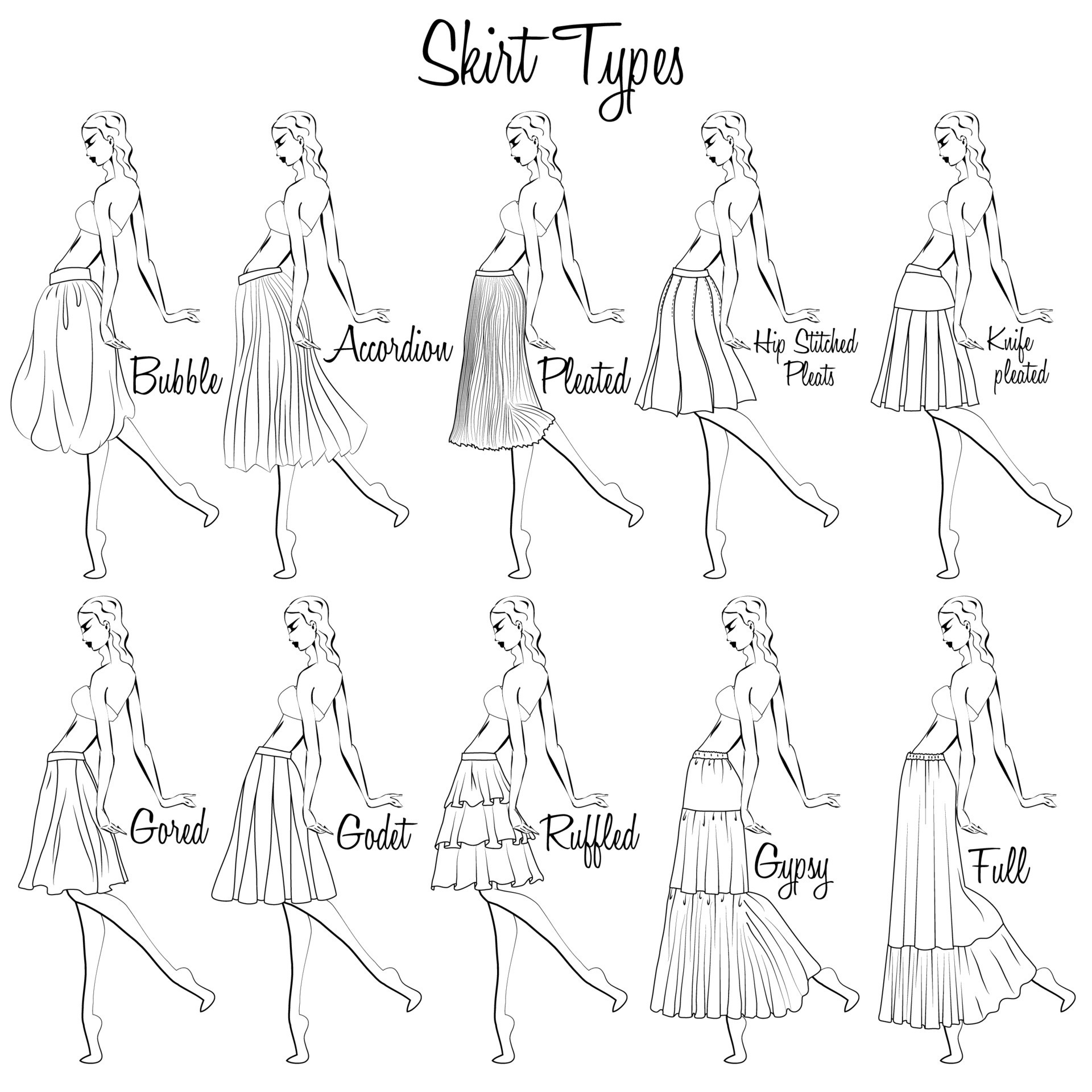 Skirt styles. A visual representation of styles of the skirts on the