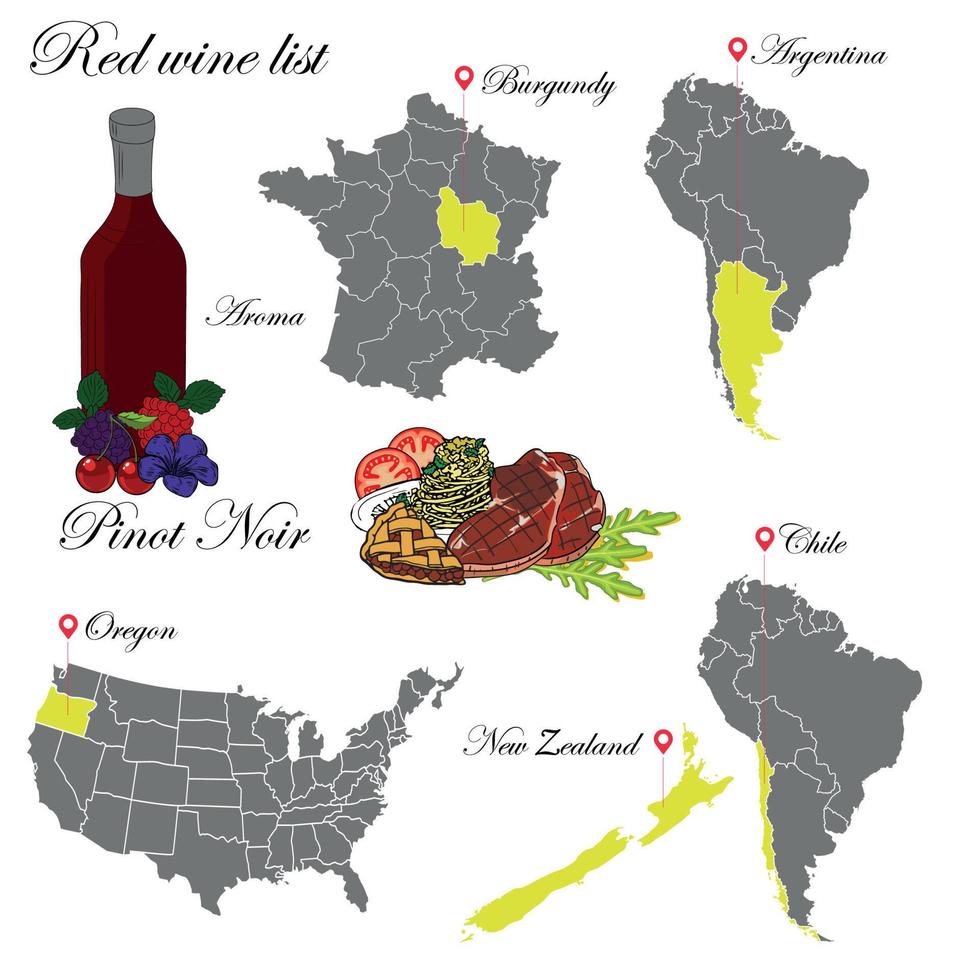 Pinot Noir. la lista de vinos una ilustración de un vino tinto con un ejemplo de aromas, un mapa de viñedos y comida que marida con el vino. fondo para menú y cata de vinos. vector