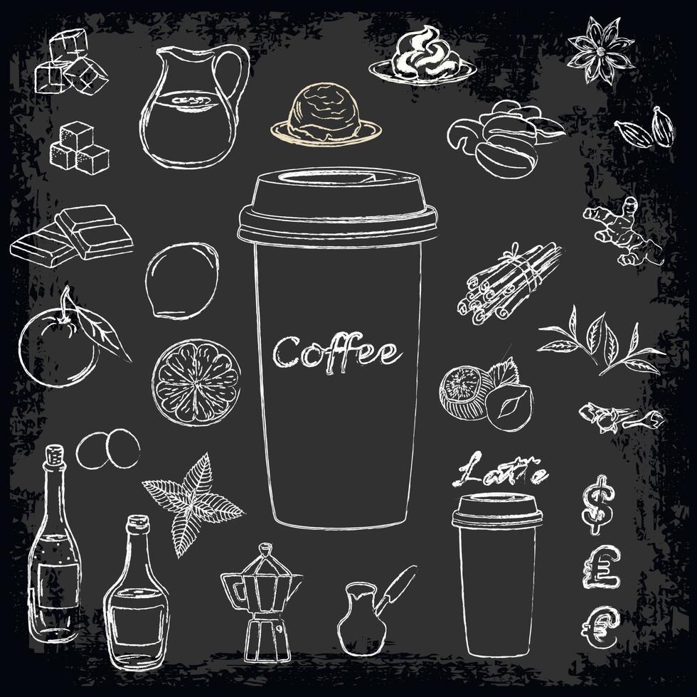 A set of ingredients for preparation of coffee recipes. Vector illustration for menu boards. Imitation of chalk.